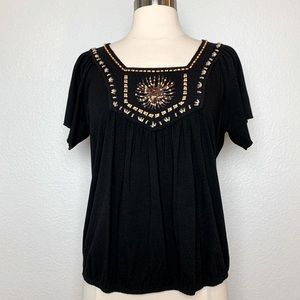 Le. Copine Top Women's Size T-3/M Black Short Sleeve Beads Embellished Shirt